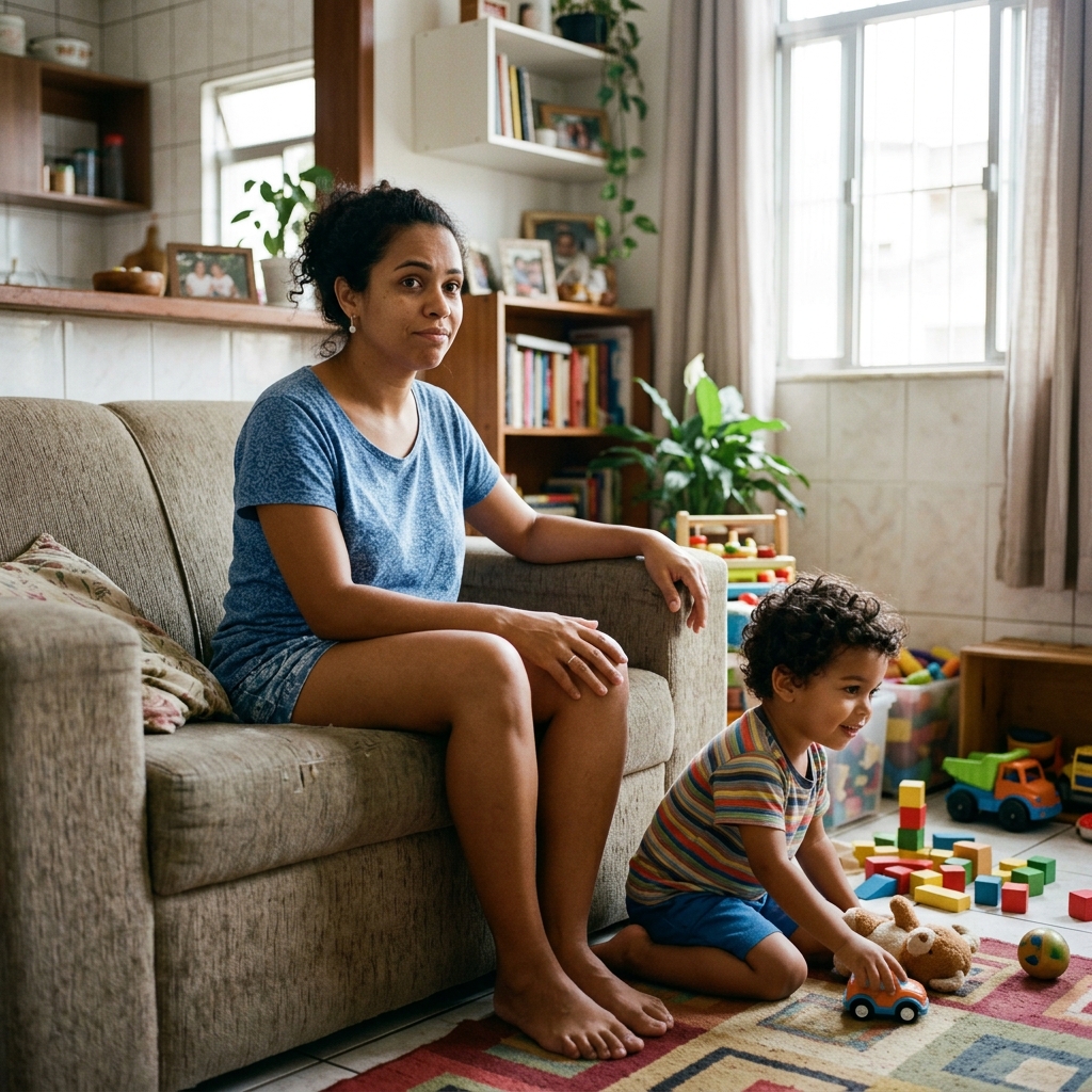 Mãe com expressão de dúvida e criança distraída