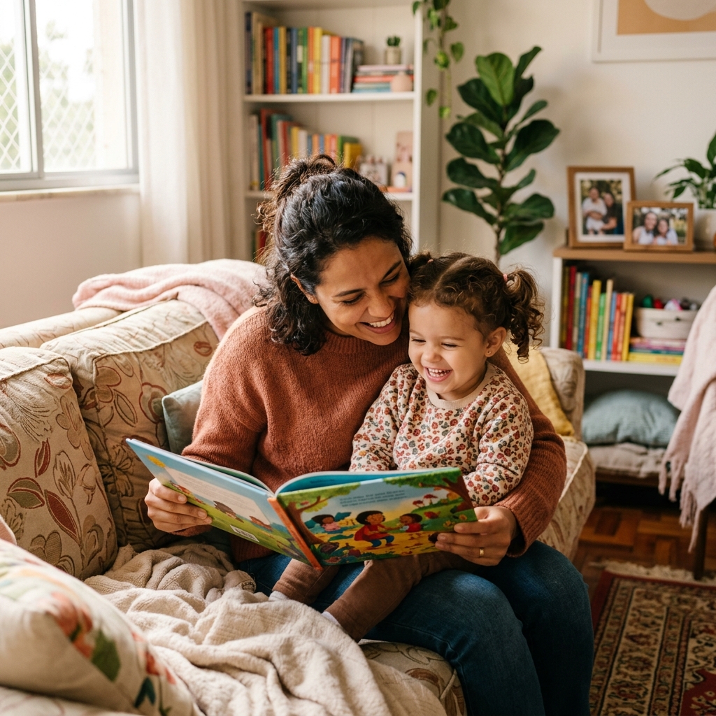 Mãe com criança sorrindo ouvindo história